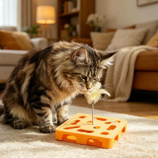 Interactive Puzzle Toy for Cats Puzzle Box with Jingle Balls Spring Feather Wand Cat Enrichment Toy for Indoor Cats Mental Stimulation And Exercise