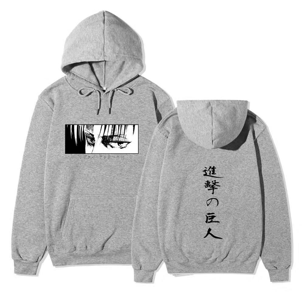 Attack On Titan Levi Ackerman Hoodie Unisex Fleece Sweatshirt Front Manga Eyes Print, Back Japanese Text, Autumn Winter Casual Pullover