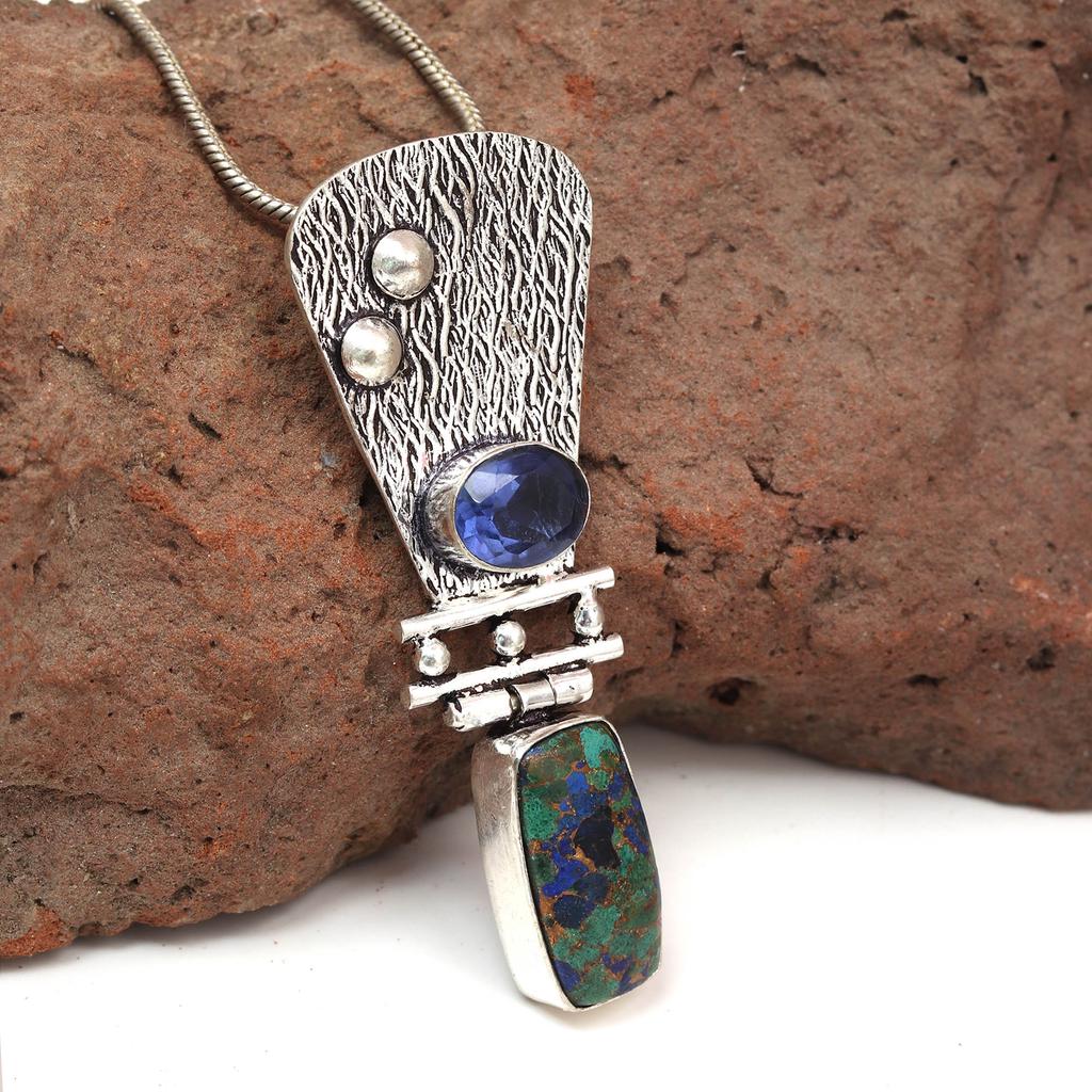 Copper Turquise Tanzite Gemstone Mother's Day Silver Jewelry Pendant  2.5"