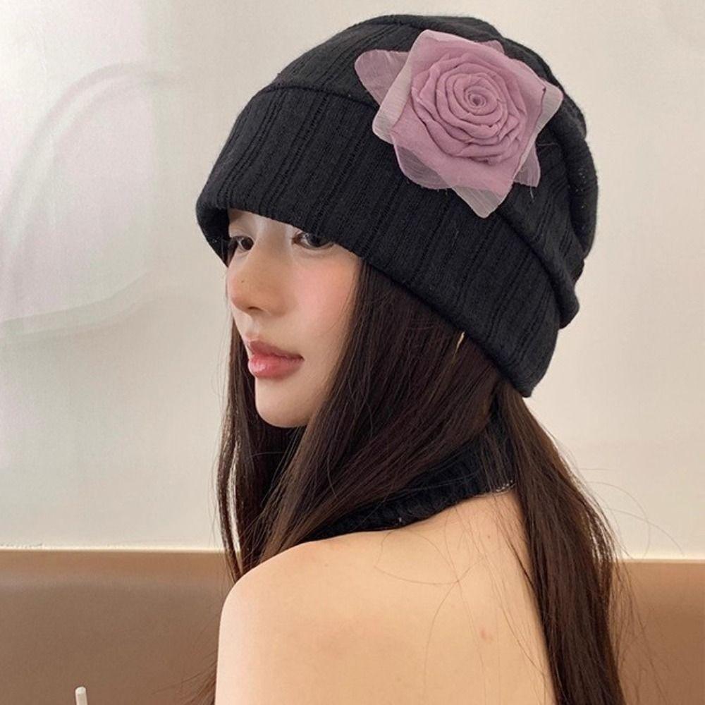 Elegant Flower Beanies Hat Sweet Sunscreen Cap Cute Knitted Hat  Spring and Summer