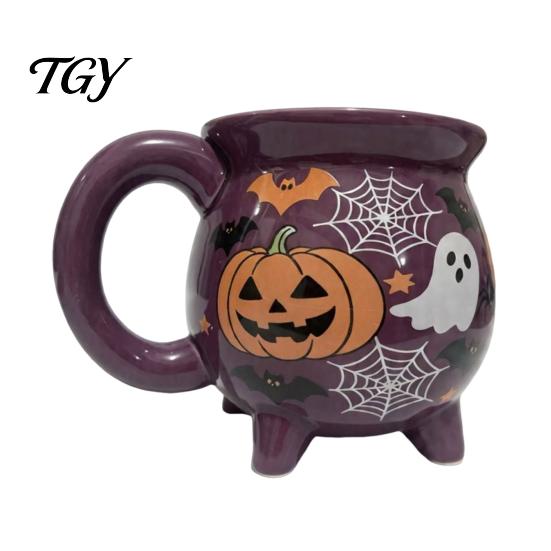 Cute Ghost Pumpkin Teacup Halloween Witch Cauldron Coffee Mug, 360ml Spider Web Pattern Holiday Gift for Enthusiasts Ceramic Cup, Spooky Drinkware