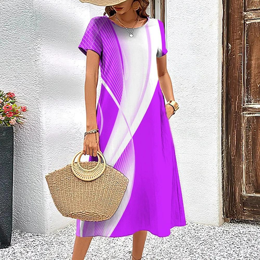 Fashion Striped Pattern Women Mini Dresses Summer Short Sleeve 3D Printed Gradient Street Ladies Dress Loose Dress