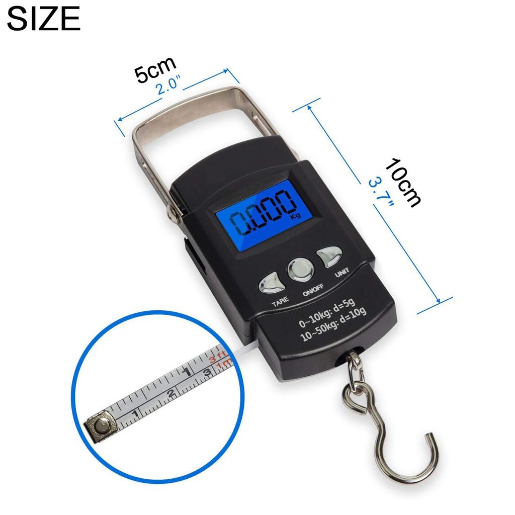 Electronic Scale Backlit LCD Display 110lb/50kg with Measuring Tape Balance Digital Fishing Hanging Hook Scale Tool