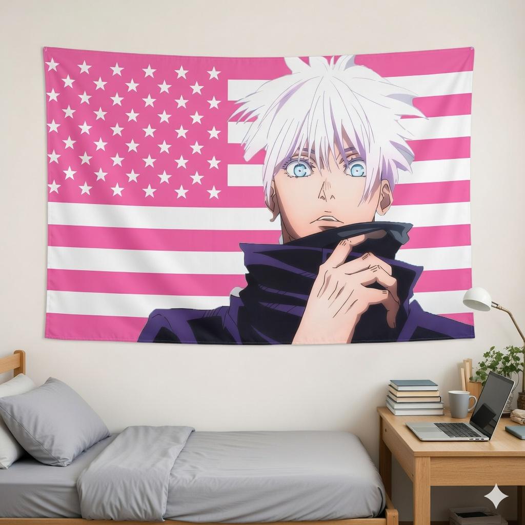 Pink Us Flag Style White Hair Anime Boy Tapestry Flat Print Wall Hanging Aesthetic Room Decor For Dorm Bedroom Living Room