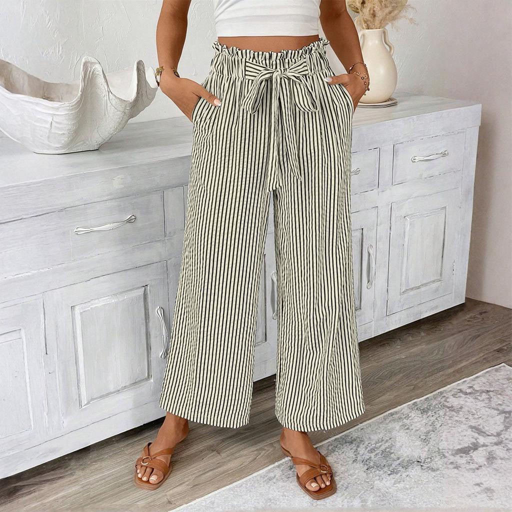 Women's Fashionable Striped Strap Pocket Elastic Waist Straight Leg Casual Pants