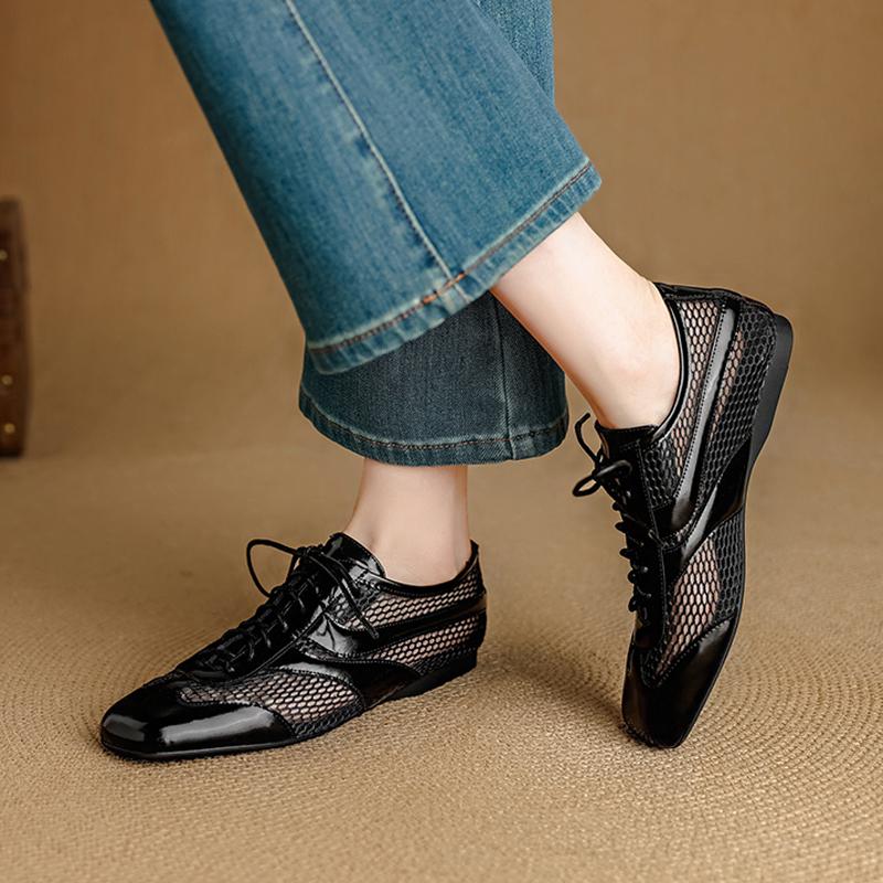 Fashion 2025 New Autumn Genuine Leather Woman Shoes Square Toe Women Flats Lace Up Loafers Flat with Flat Ladies Shoes