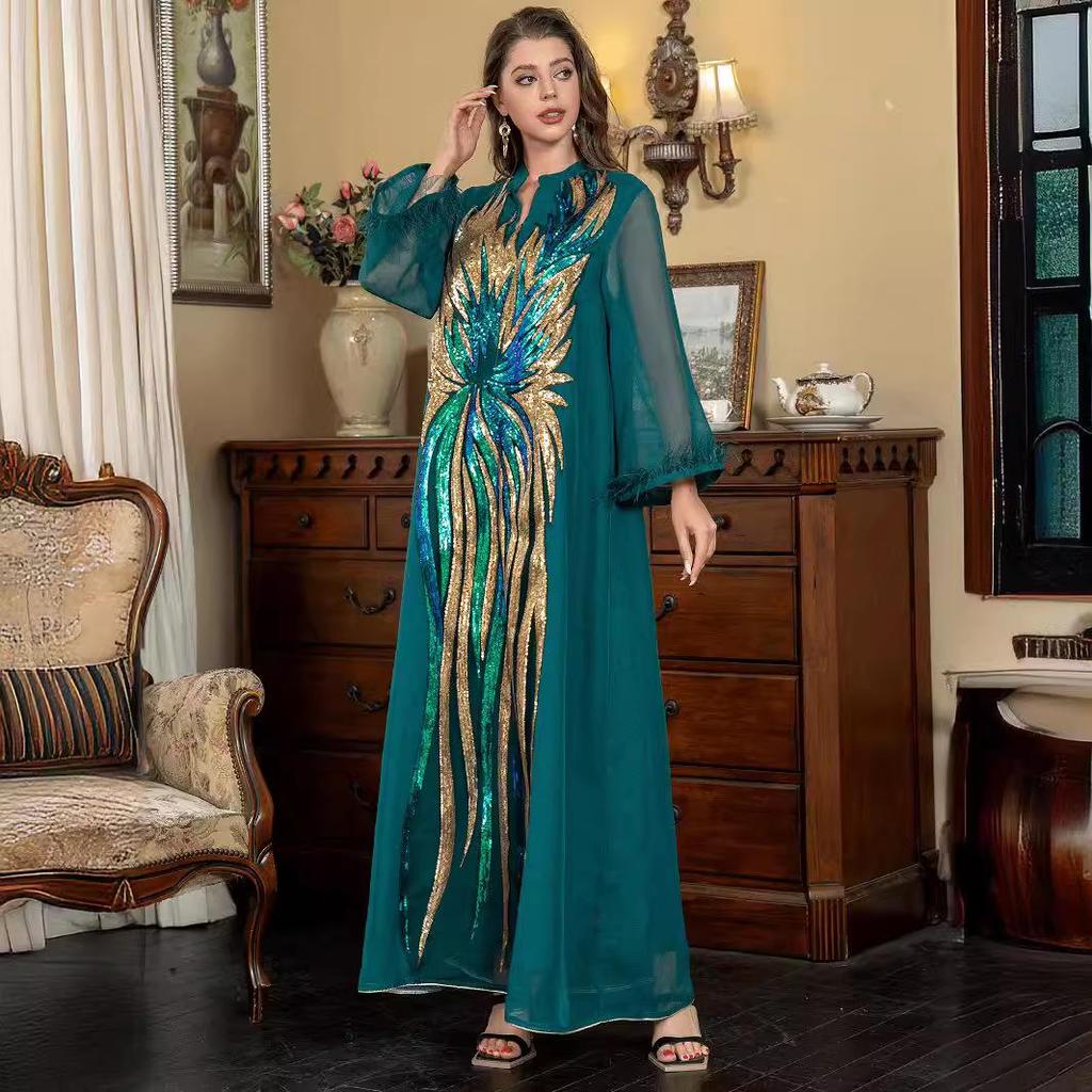 SW008 V-Neck Long Sleeve Muslim Abaya with Ostrich Feather and Sequin Embellishments
