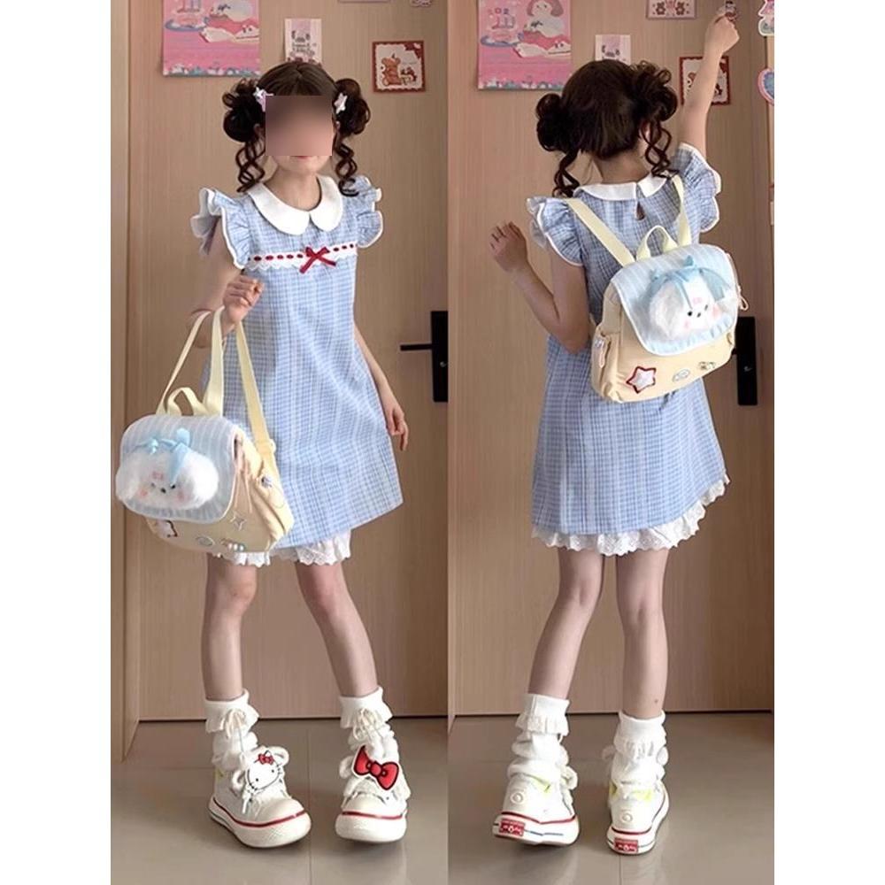 Doll collar small flying sleeve plaid dress women's summer college style sweet first love princess dress small loose skirt