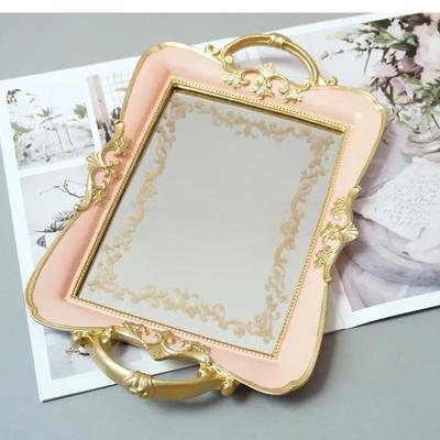 Europäischer Stil Glas Spiegel Tablett Retro Geschnitztes Harz Hochzeit Desserttisch Dekoration Aufbewahrung