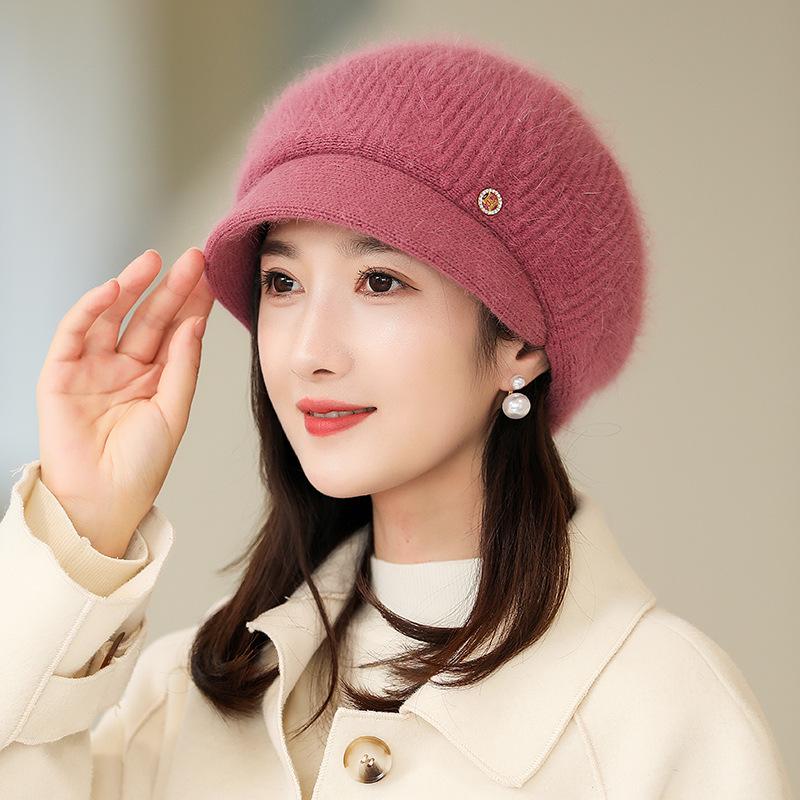Autumn and Winter Hats, Middle-aged and Elderly Rabbit Fur, Diamond Label, Wool Hat, Piled and Thickened Thermal Hat, Old Lady Knitted Cotton Hat,