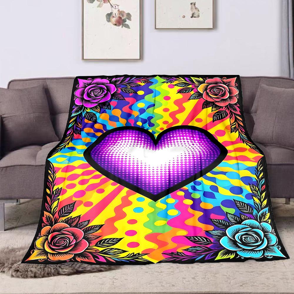 Colorful Heart with Roses and Patterns Patterned Flannel Blanket Perfect for the Bedroom Living Room, Sofa, or a Little Nap