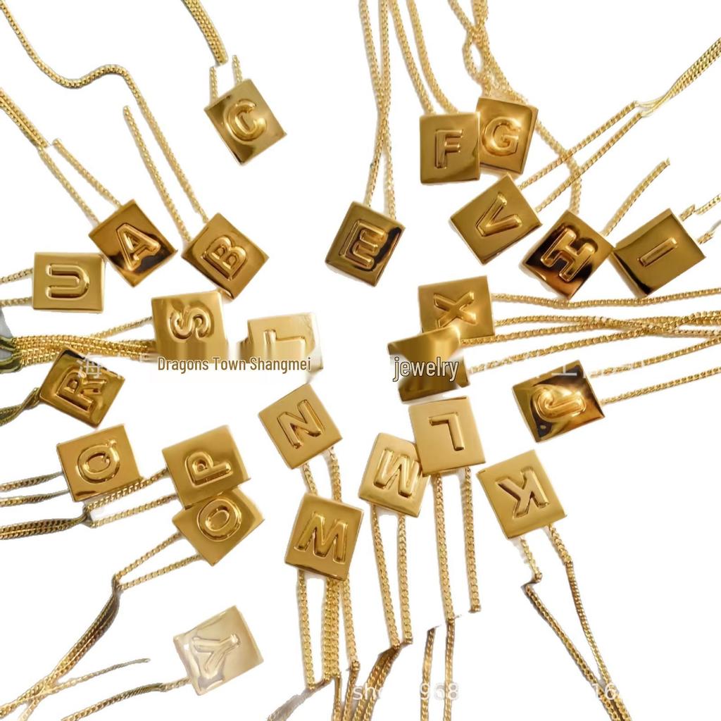 Arc De Triomphe Gold Square Pendant Necklace, 18K Plated, European & American Style, 26 English Letters, Celebrity Clavicle Chain.