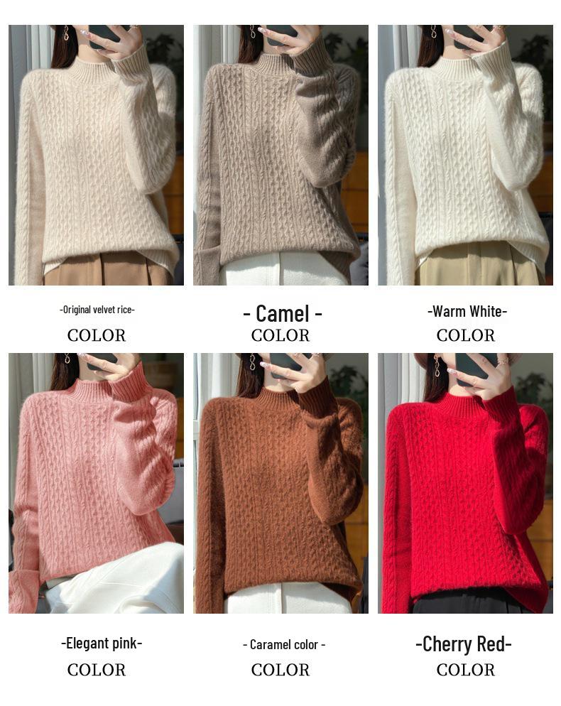 Thick Cable Knit Half-High Neck Wool Pullover Sweater