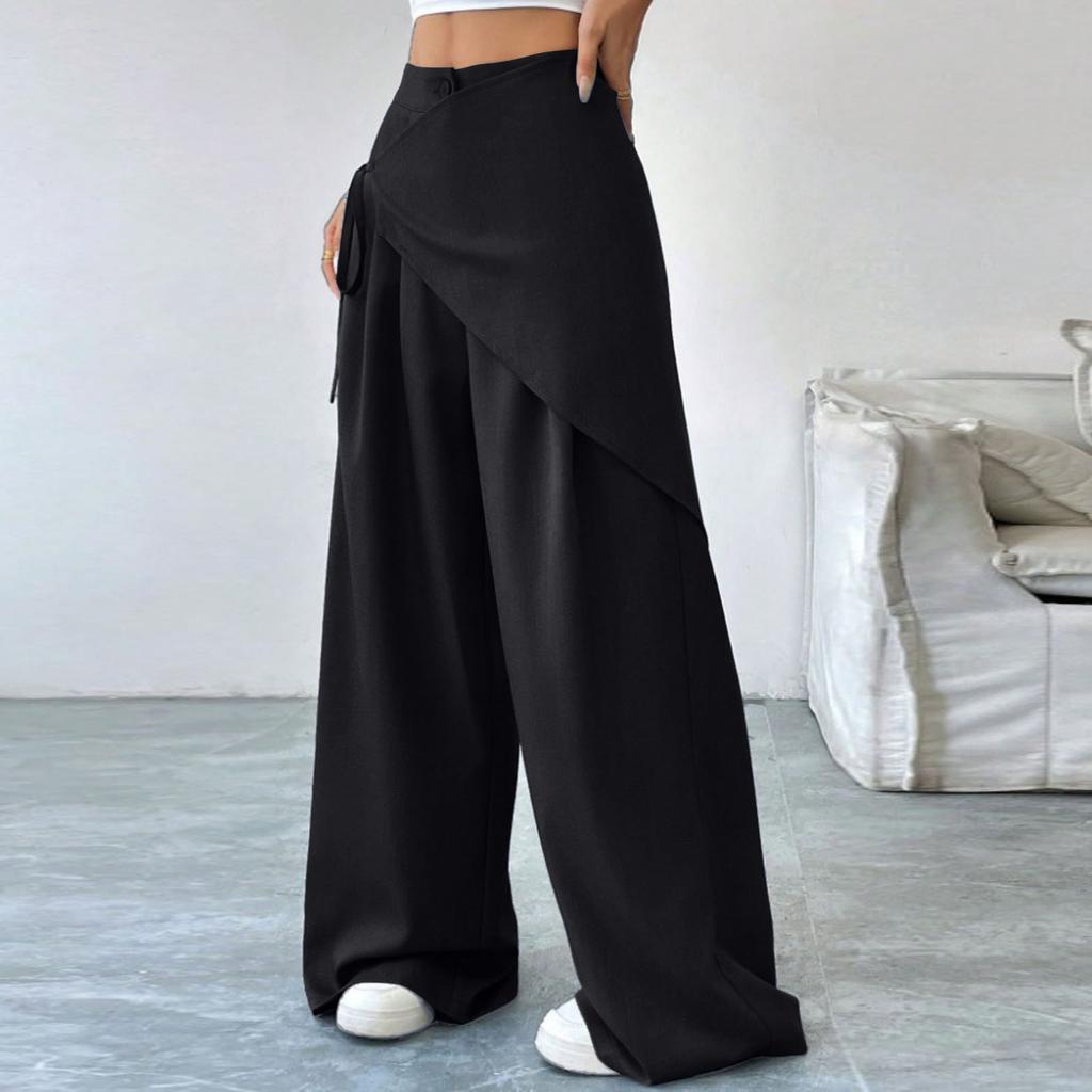 Women's Casual Fashion Solid-Color Elastic Waistband Wide-Leg Straight-Leg Pants With Pockets