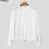 INCERUN Oversized Men Long Sleeve Hollow Webbing Casual Loose Cropped Tops Shirts
