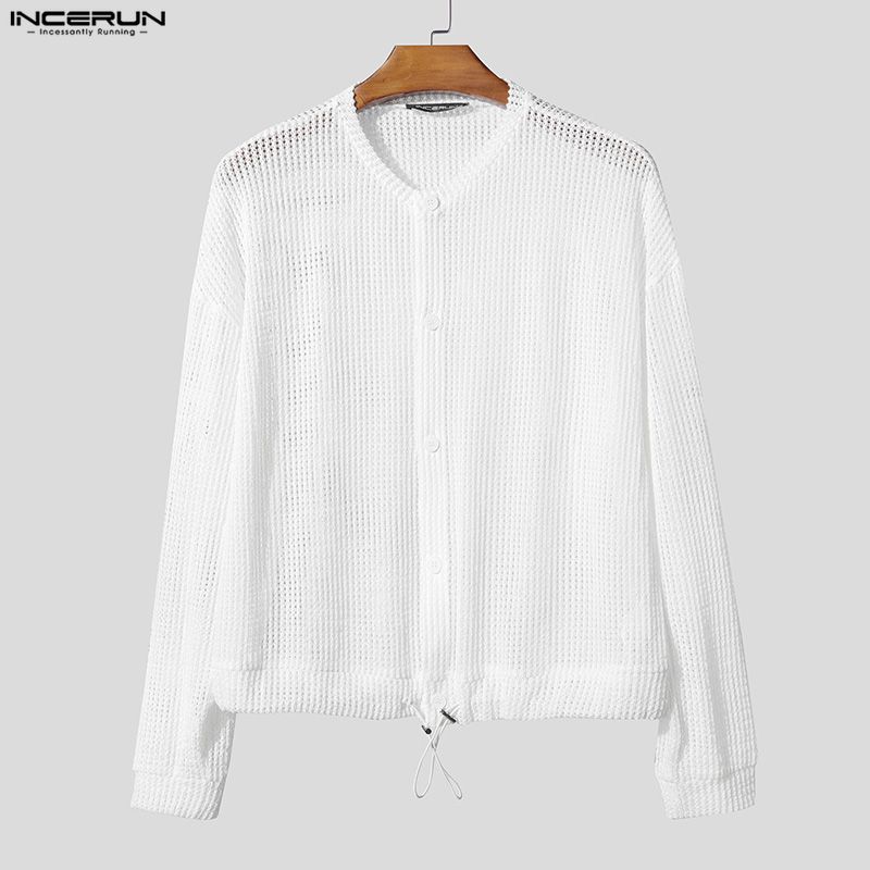 INCERUN Oversized Men Long Sleeve Hollow Webbing Casual Loose Cropped Tops Shirts