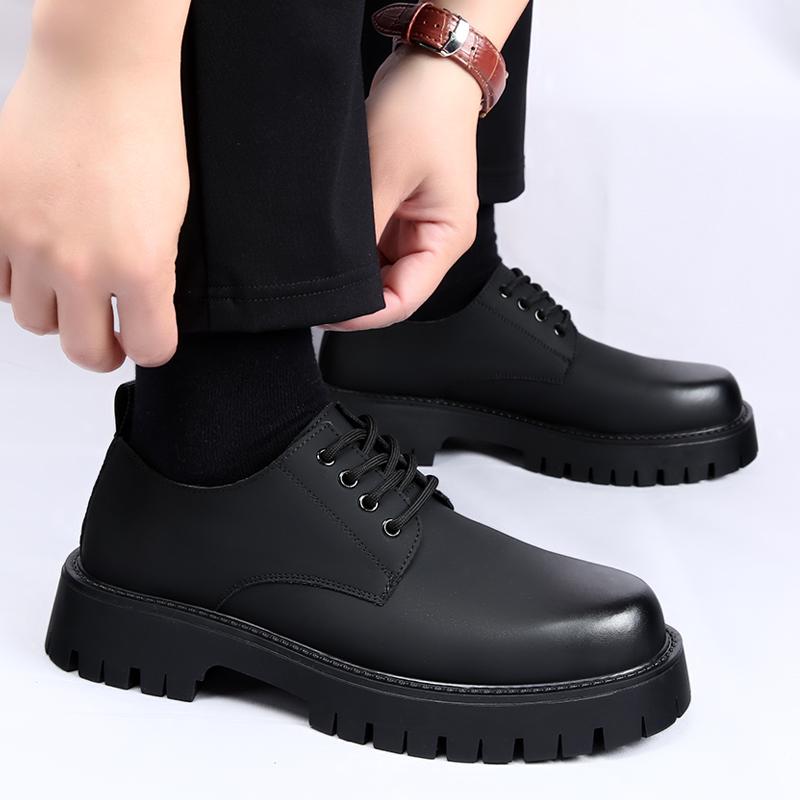 Classic Black Men Genuine Leather Thick Sole Versatile Formal Leather Shoes High Quality Fashion Lacing Comfortable Derby Shoes