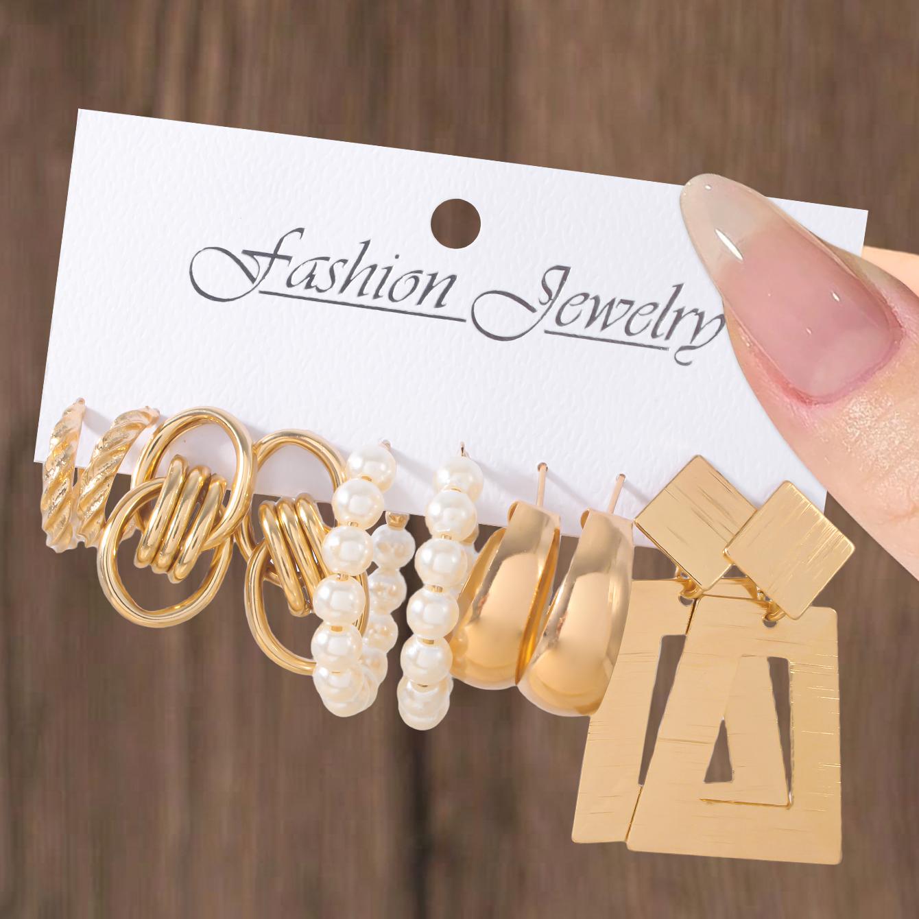 

10 шт. Преувеличенные геометрические серьги-подвески в виде блоков, Набор серег-колец из корейского имитационного циркона, Элегантный женский повседневный циркон для вечеринок золотистый