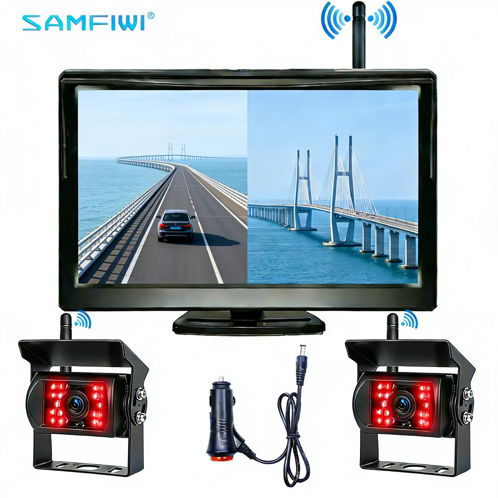 2CH Digital Wireless Monitor 5" Dual Screen with 18 IR Reversing Cameras 12-24V Wide Voltage 30-50m For Truck Caravan RV Trailer