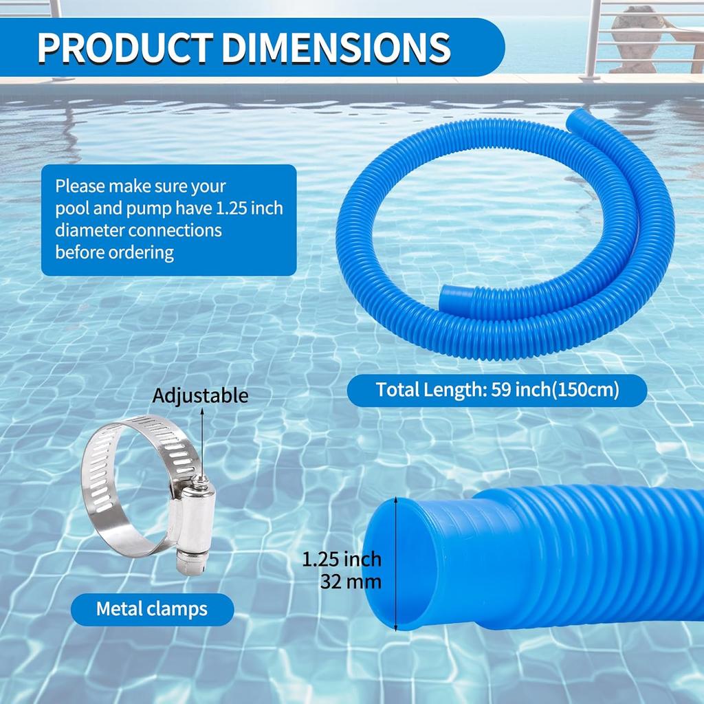Pool Pump Hoses 1.25 Inch X 59 Inch Filter Pump Replacement Pool Hose For Above Ground Pools Flexible PE Tube For Swimming Systems (4 Pcs Blue)