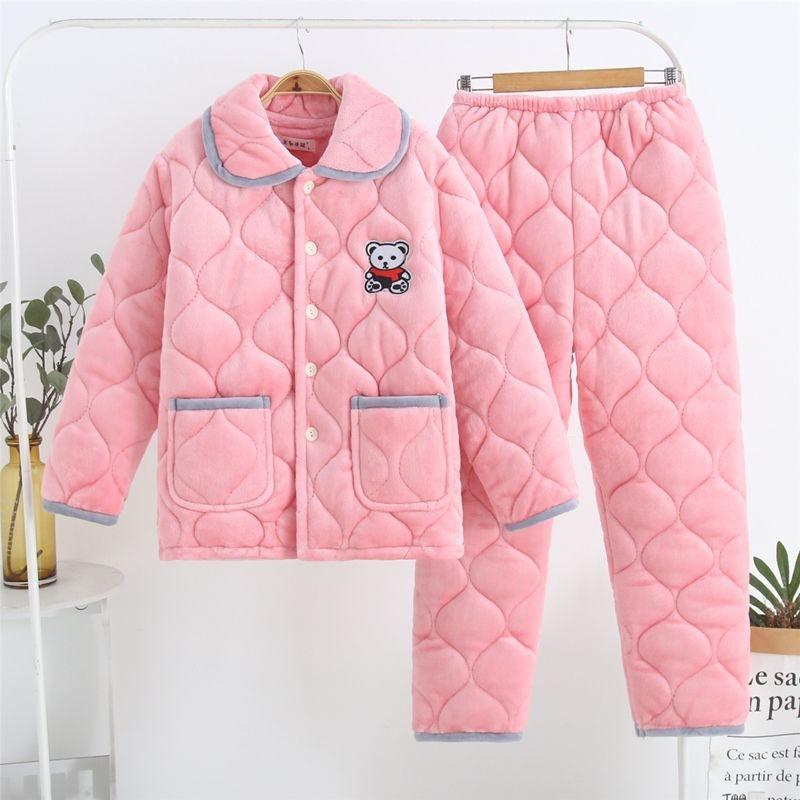 Thickened pajamas women's winter three-layer coral fleece padded cotton can be worn outside, plus sweet loungewear set