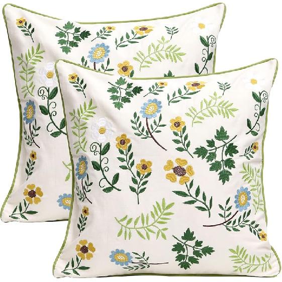 Set of 2 Embroidered Decorative Throw Pillow Covers Couch Square Pillowcases Cushion for Bedroom Sofa Farmhouse Decor 18x18 Inch (Blue Floral)
