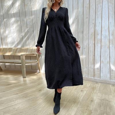 Frühling Herbst Damenkleid V-Ausschnitt Reines Schwarz Hohe Taille Lange Puffärmel