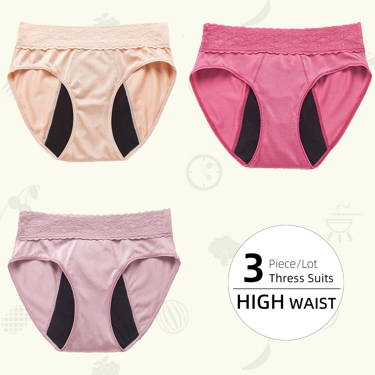 

3 шт./лот, большие физиологические женские трусики, четырехслойные брюки, кружевное нижнее белье со средней и высокой талией спереди и сзади, чтобы предотвратить утечку, трусы для менструального периода 2XL