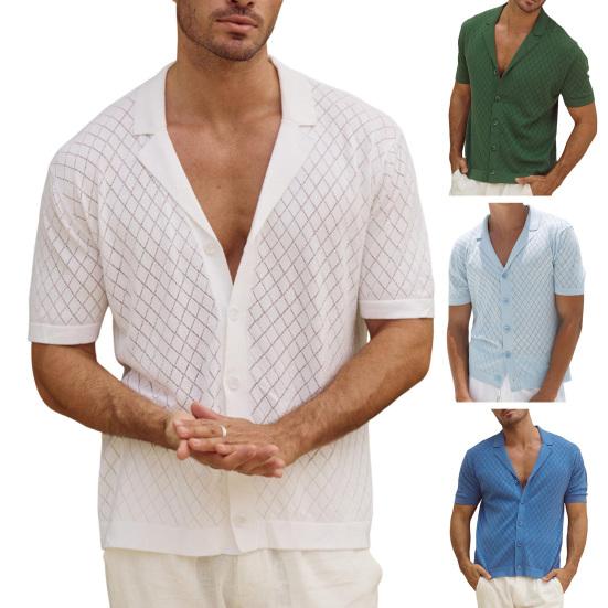 Herren-Jacquard-Strickhemd, kurzärmelig, Button-Down-Oberteil mit kubanischem Kragen, Rautengittermuster, Freizeithemd für den Alltag, Partys, Reisen
