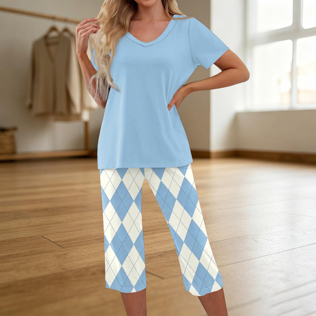 Women's Printed Two Piece Short Sleeve Pajama Set with Pants for Casual Sleepwear
