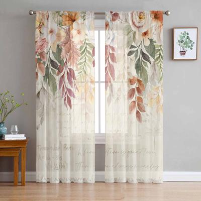 Autumn Thanksgiving Plant Leaves Flower Beige Letter Sheer Curtains for Kids Living Room Voile Window Curtains Tulle Drapes