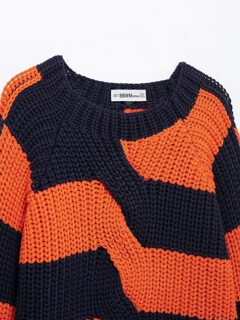 Dámský pruhovaný pletený svetr s dlouhým rukávem, volného střihu, patchwork, jaro 2025