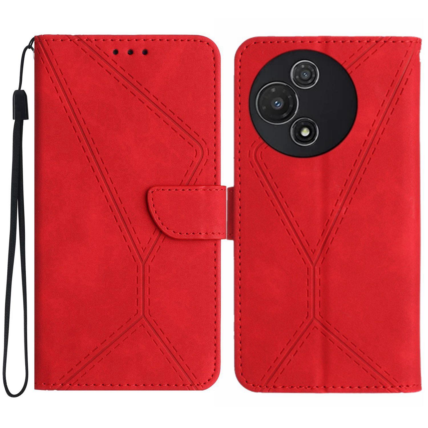 

For TCL 60R 5G Case Skin Touch Lines Imprinted PU Leather Flip Phone Cover Red