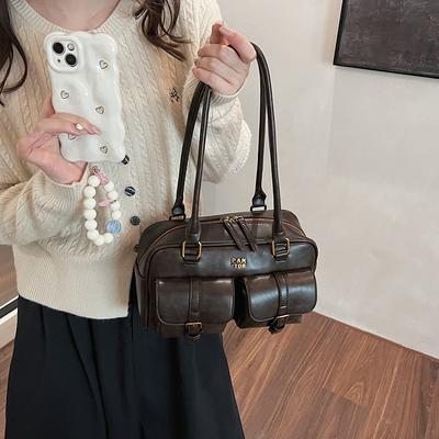Retro Handtasche Braun Große Kapazität Doppeltasche Schultertasche Lässig Vielseitig Damen Achseltasche