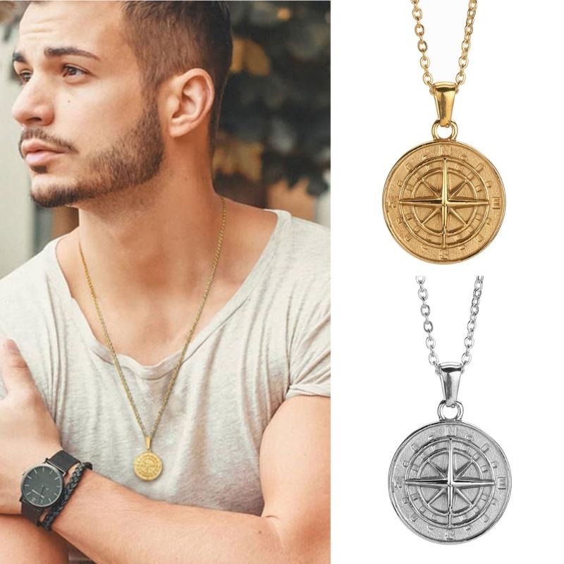 Layered Necklace for Men, Sailing Travel Compass Pendant Charm Chain Casual Retro Collar Neckwear Trend Jewelry Gift