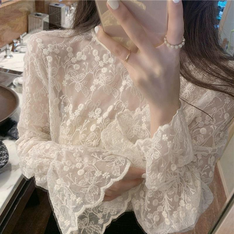 Lace Undershirt Women's Stand-Collar Autumn Winter Sweater Inner Wear Stylish Mesh Flared Sleeve Long-Sleeve Lace Top
