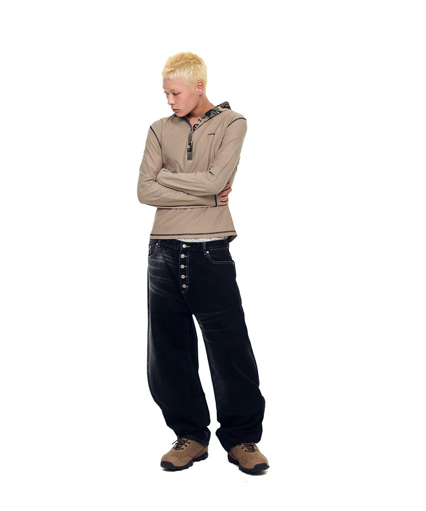AAKAM Side Washed Button Denim Pants (Black)