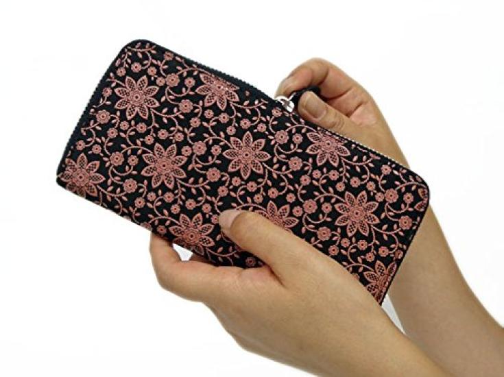 Inden 2317 Bundle F Black Deerskin X Pink Lacquer Clematis Pattern 10cm X 19cm X 2cm Round Zipper Long Wallet [Indenya]