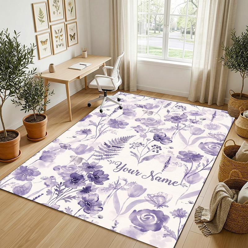 Floral Theme Soft Crystal Velvet Rug Custom Name & Text Print Non Slip Floor Rug for Bedroom Living Room