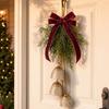 Christmas Bell Door Decoration with 3 Iron Bells, Faux Evergreen Sprigs, Wine-Red Polyester Ribbon Bowknot, and Integrated Top Loop for Hearth Shelves