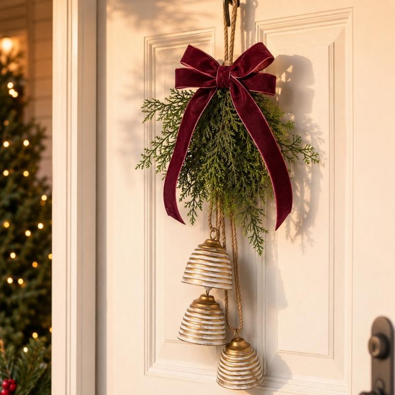 Christmas Bell Door Decoration with 3 Iron Bells, Faux Evergreen Sprigs, Wine-Red Polyester Ribbon Bowknot, and Integrated Top Loop for Hearth Shelves