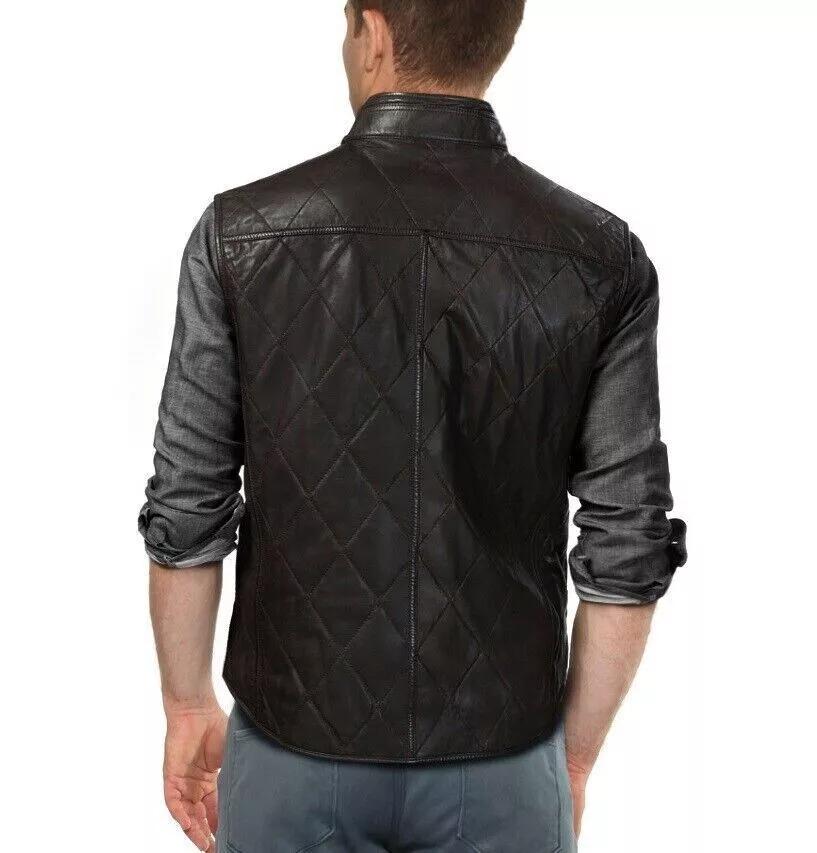 Chaleco de piel de cordero para hombre, chaqueta, chaleco clásico estilo western negro con cremallera
