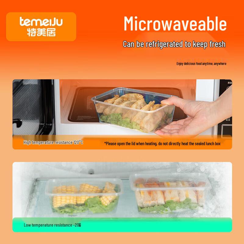 Temaiju Disposable Microwavable Transparent Rectangular Takeout Meal Box with Lid, 50-Pack