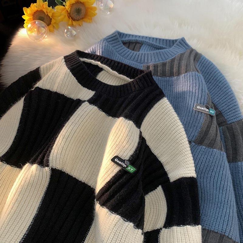 

Японский клетчатый свитер для мужчин на осень и зиму, новый стиль, ленивый стиль, свободный тренд, контрастный цвет, круглый вырез, свитер повседневный 2XL