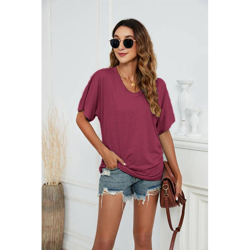 Women's New Solid Color Batwing Sleeve Side Pleated V-neck Short-sleeved T-shirt