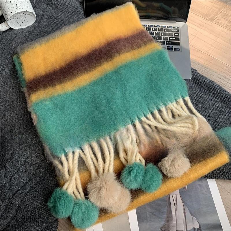 Brushed Warm Women's Soft Waxy Striped Cold Proof Long Dopamine Tassel Fur Ball Scarf