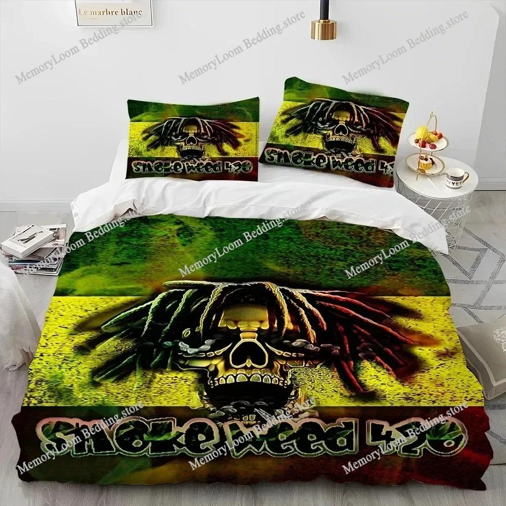 Artwork Unique Maple Weed Plant Green Death Skull Smoke Bedding Set Queen/King Size Duvet Cover Comforter Soft Cozy Home Textile