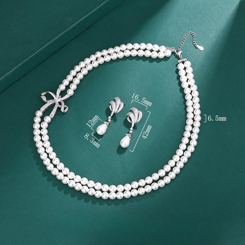 Pearl Set Imitation Pearl Collarbone Chain Bow Double Row Pearl Necklace Women'S Crystal Gemstone Pearl Earrings