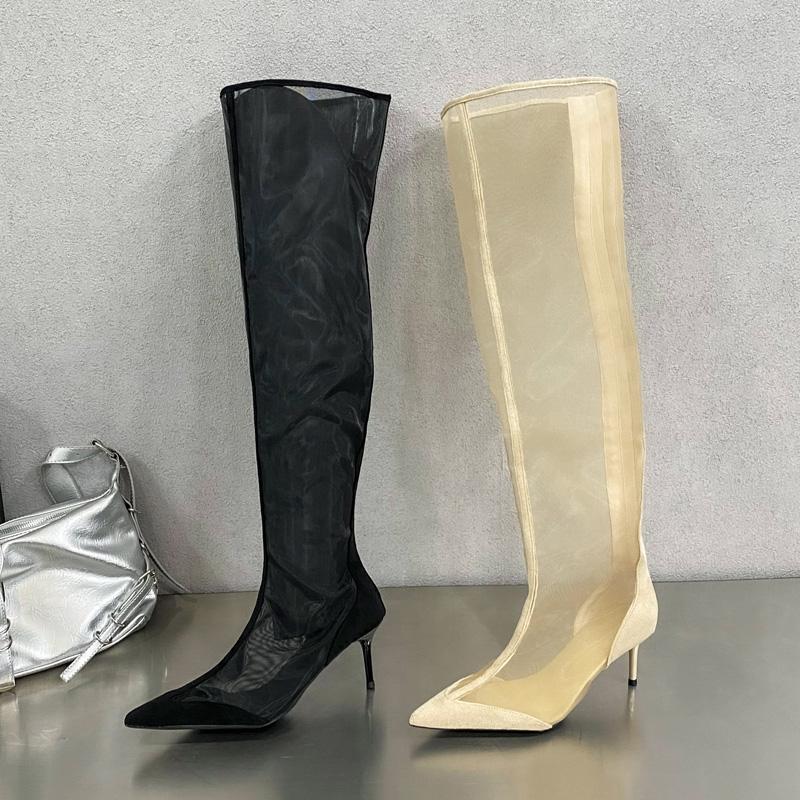 Fashion Eilyken New Design Mesh Pointed Toe Women Over The Knee Boot Sandals Fashion Zipper Thin High Heels Party Prom Shoes