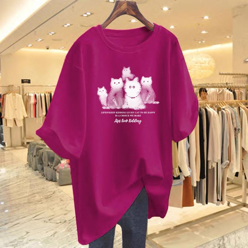 Women's Summer Cat Print Short Sleeve T-Shirt - Loose and Casual